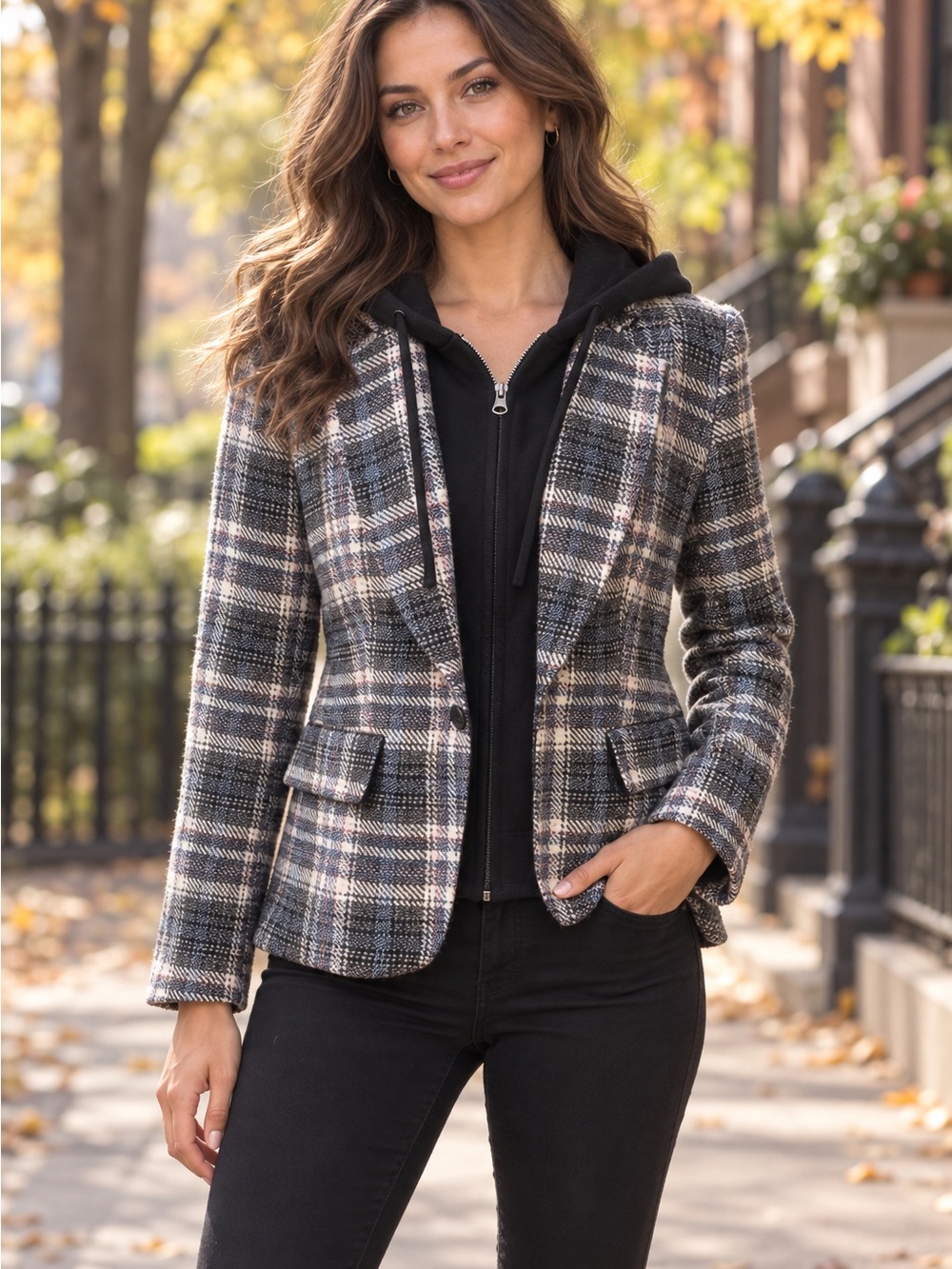 Central Park West plaid blazer with removable hooded insert size M